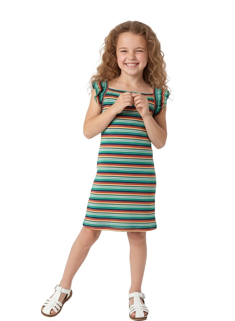 WiNi BEE Rainbow Striped Dress for Girls 2-6 Years | Ruffle Sleeve Toddler Kids Dress | Colorful Casual Sleeveless/Short Sleeve Dress - Image 2